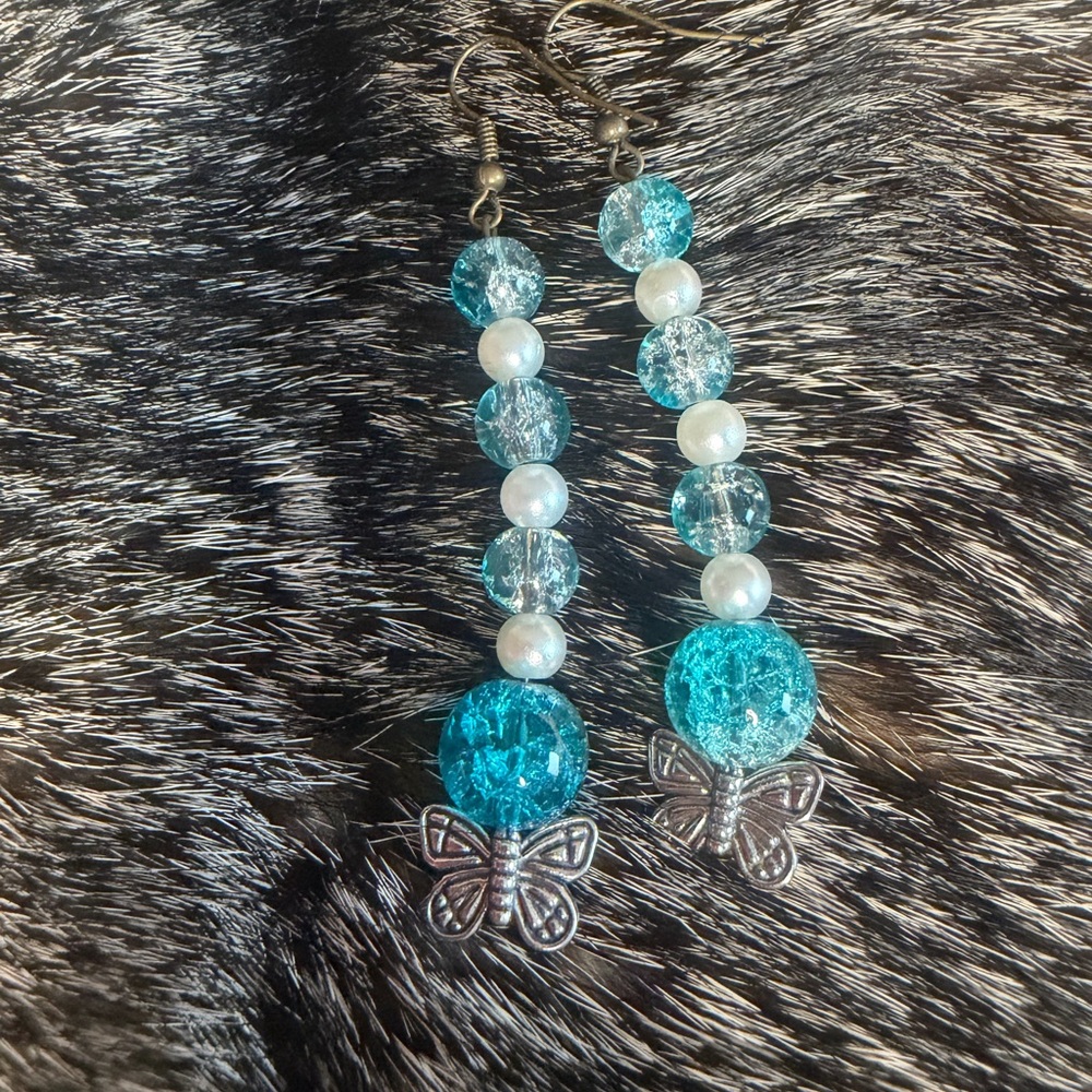 Elegant Blue and pearl Butterfly Earrings